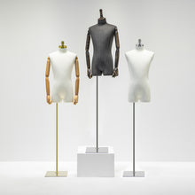Load image into Gallery viewer, Male Half Body Mannequin,Adult Torso Form with Stand,Men Display Torso with Wooden Arms for Suit Display, Square metal Base, Fabric Torso.
