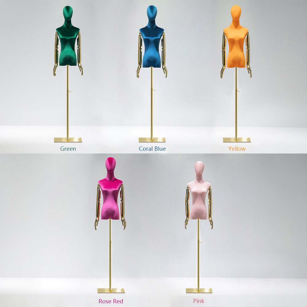 DE-LIANG Adjustable Velvet Dress Form Female Mannequin with Head & Golden Arms for Retail Display - Gold Square Base / Coral Blue DE-LIANG Adjustable Velvet Dress Form Female Mannequin with Head & Golden Arms for Retail Display - Gold Square Base / Coral Blue