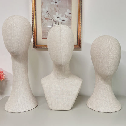 DE-LIANG Bamboo Linen Female Head Mannequin,Pinnable Head Model with Long Neck/Shoulders,for Hat/Wig/Scarf Display